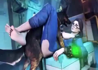 Spectacled 3D brunette licked by a dog